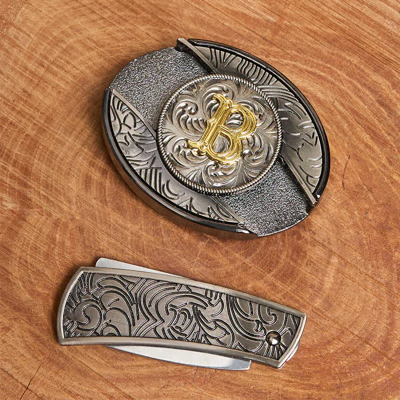 Two-Tone Initial Letter DIY Hidden Knife Buckle Leather Belt sold by FloralTrip product image thumbnail 3