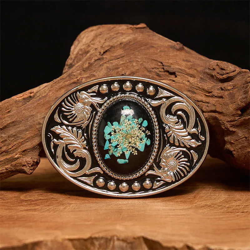 Silver Black Carved Turquoise & Flowers DIY Buckle Leather Belt sold by FloralTrip
