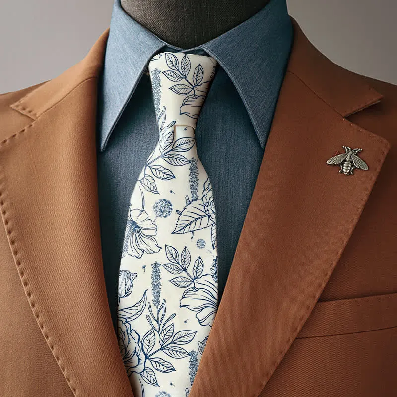 Men's Line Drawing Floral Decorative Pattern Printed Necktie sold by FloralTrip