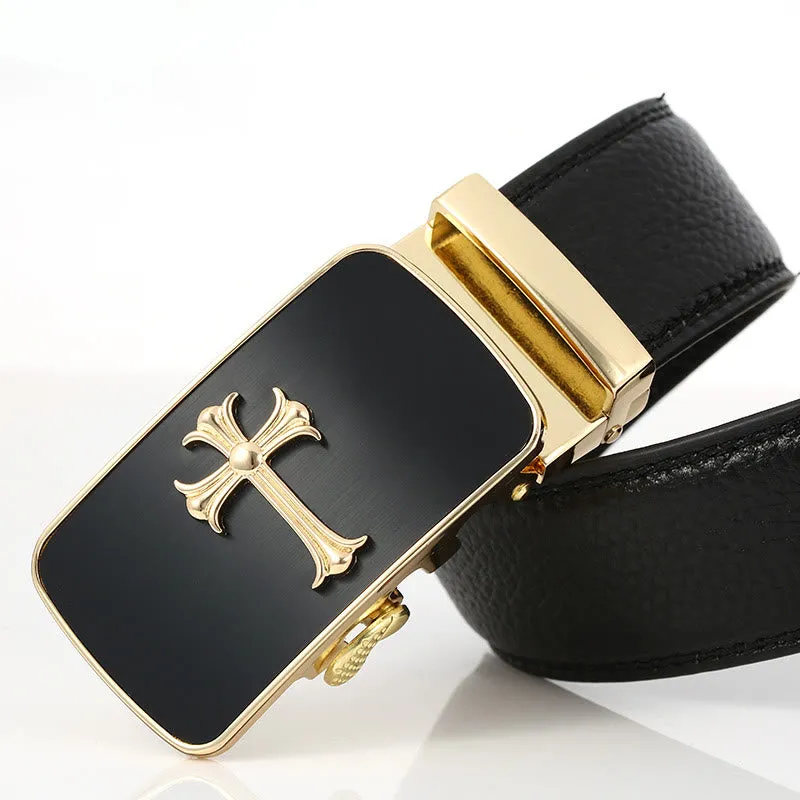 Men's Luxury Golden Cross Automatic Buckle Black Belt sold by FloralTrip