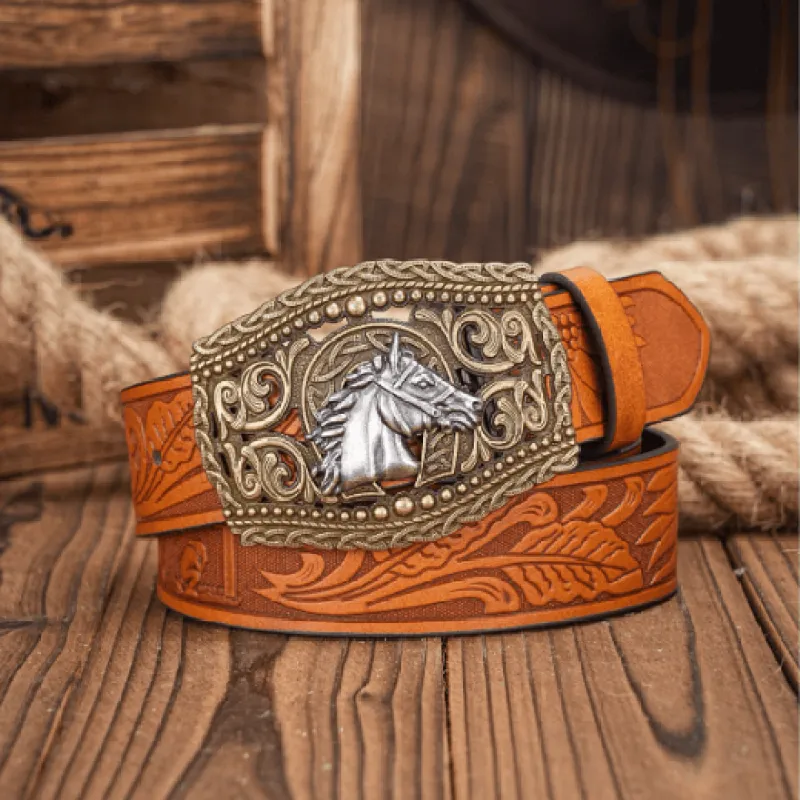 Men's Silver Horse Head Hollow Buckle Carved Belt sold by FloralTrip