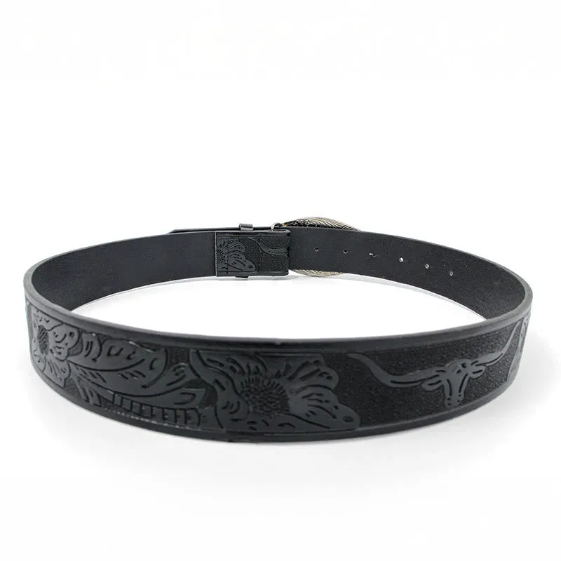 Men's Golden Bull Head Pattern Buckle Black Carved Belt sold by FloralTrip product image thumbnail 3