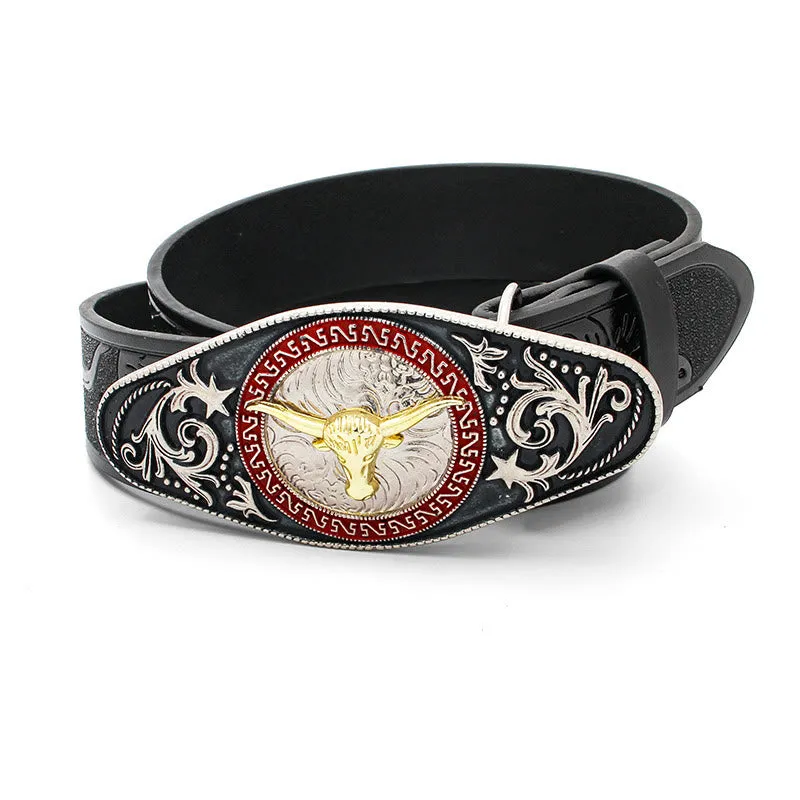 Men's Golden Bull Head Pattern Buckle Black Carved Belt sold by FloralTrip product image thumbnail 2