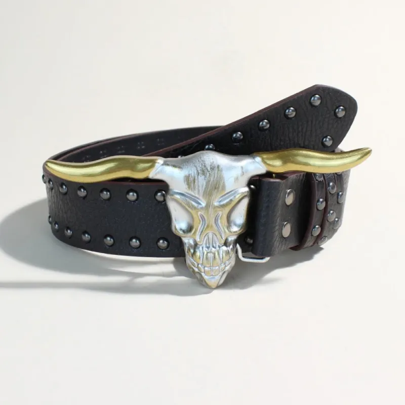 Men's Western Style Golden Longhorn Bull Head Buckle Rivet Belt sold by FloralTrip