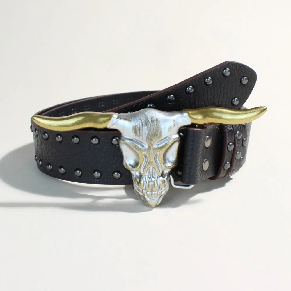 Men's Western Style Golden Longhorn Bull Head Buckle Rivet Belt sold by FloralTrip