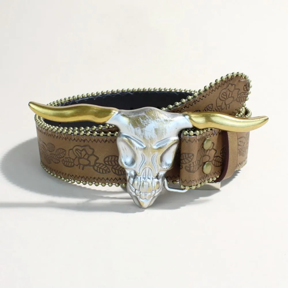 Men's Western Style Golden Longhorn Bull Head Buckle Rivet Belt sold by FloralTrip product image thumbnail 5