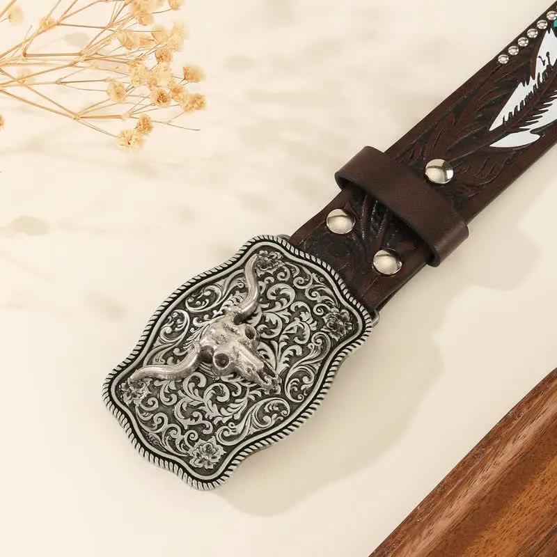 Bull-Shaped Rivet Feather Pattern Embossed Leather Belt sold by FloralTrip product image thumbnail 4