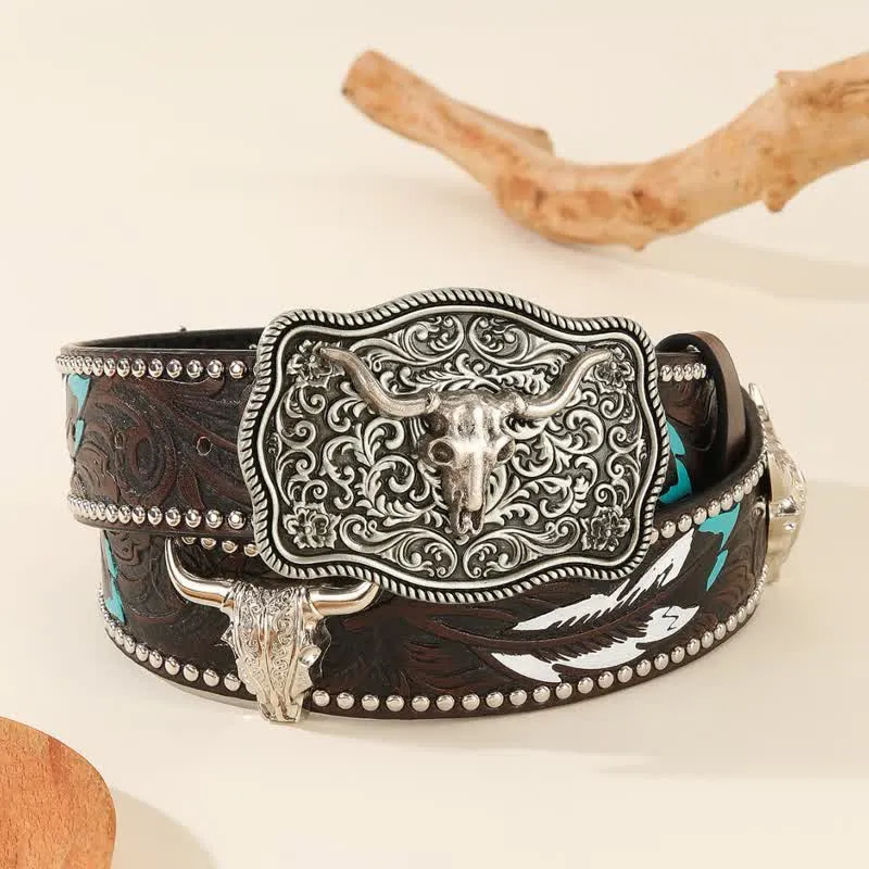 Bull-Shaped Rivet Feather Pattern Embossed Leather Belt sold by FloralTrip
