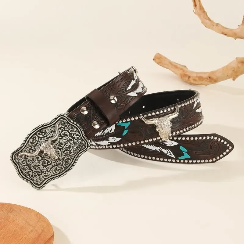 Bull-Shaped Rivet Feather Pattern Embossed Leather Belt sold by FloralTrip product image thumbnail 2