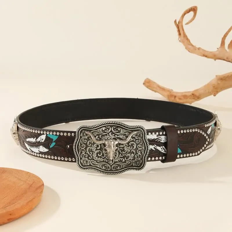 Bull-Shaped Rivet Feather Pattern Embossed Leather Belt sold by FloralTrip product image thumbnail 3