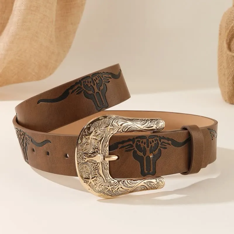Bold Embossed Longhorn Bull Head Pattern Leather Belt sold by FloralTrip product image thumbnail 5