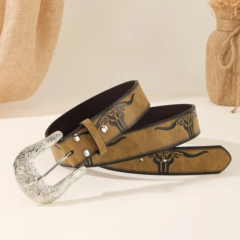 Bold Embossed Longhorn Bull Head Pattern Leather Belt sold by FloralTrip product image thumbnail 3