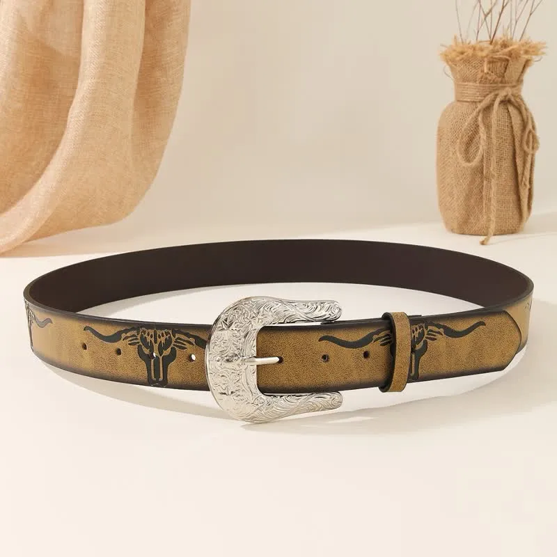 Bold Embossed Longhorn Bull Head Pattern Leather Belt sold by FloralTrip product image thumbnail 4