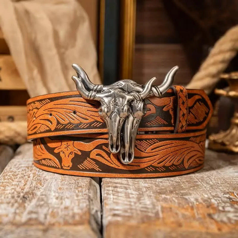 Double Bull Heads Western Embossed Leather Belt sold by FloralTrip product image thumbnail 5