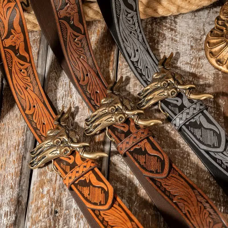 Double Bull Heads Western Embossed Leather Belt sold by FloralTrip product image thumbnail 2