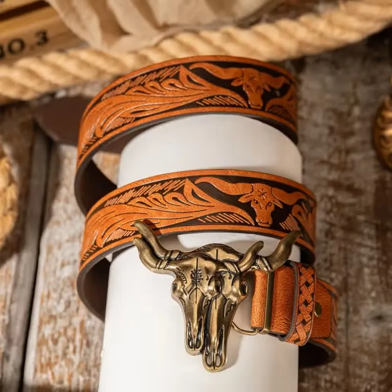 Double Bull Heads Western Embossed Leather Belt sold by FloralTrip product image thumbnail 3
