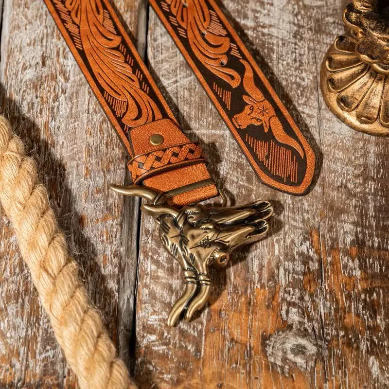 Double Bull Heads Western Embossed Leather Belt sold by FloralTrip product image thumbnail 4