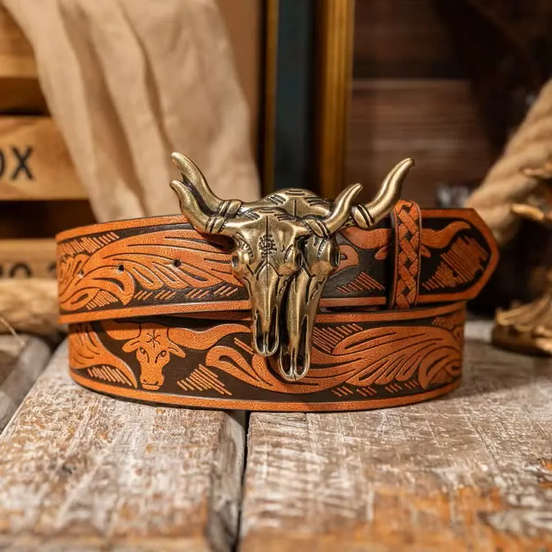 Double Bull Heads Western Embossed Leather Belt sold by FloralTrip