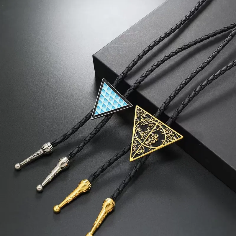 Geometric Triangle Pattern Metal Braided Leather Bolo Tie sold by FloralTrip