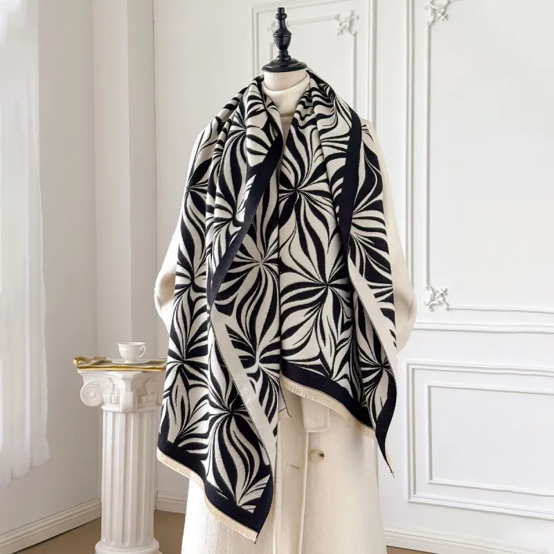 Women's Winter Stylish Leaf Pattern Black White Shawl Scarf sold by FloralTrip