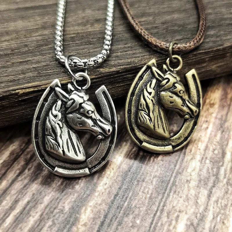 Vintage Horse Head Horseshoe Pattern Metal Pendant Necklace sold by FloralTrip