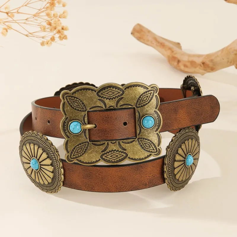Women's Square Bronze Buckle Round Patterned Turquoise Belt sold by FloralTrip