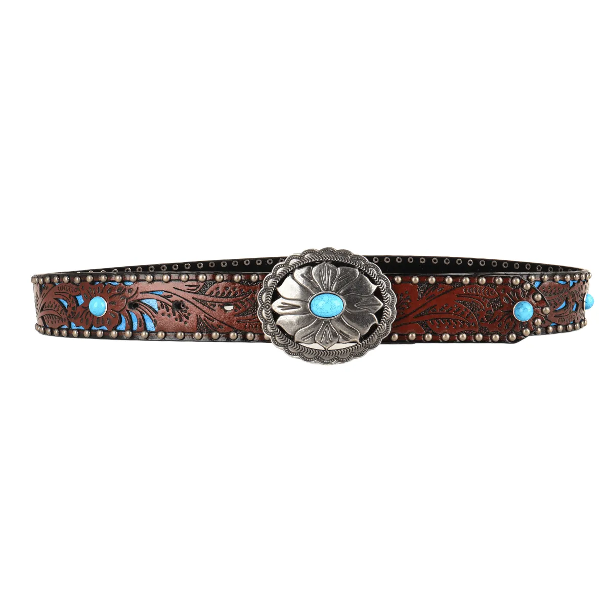 Women's Silver Flower Shaped Turquoise Buckle Metal Rivet Belt sold by FloralTrip product image thumbnail 2