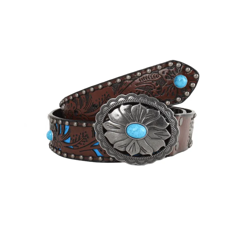 Women's Silver Flower Shaped Turquoise Buckle Metal Rivet Belt sold by FloralTrip