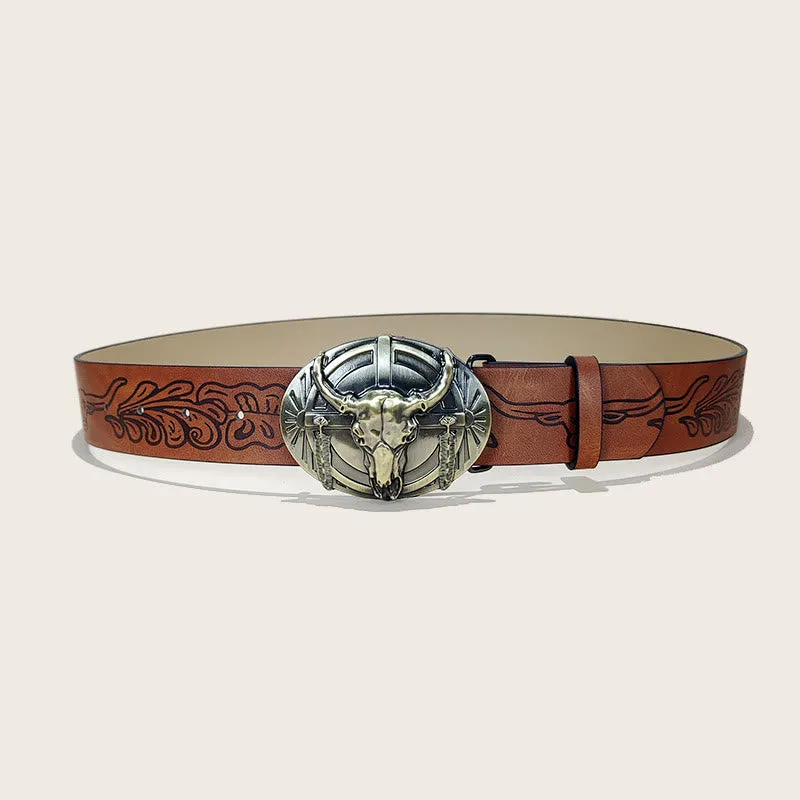 Men's Western Bull Skull Buckle Black Pattern Belt sold by FloralTrip