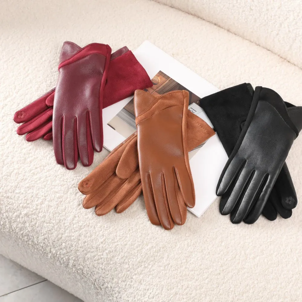 Women's Winter Keep Warm Splicing Design Leather Gloves sold by FloralTrip product image thumbnail 2
