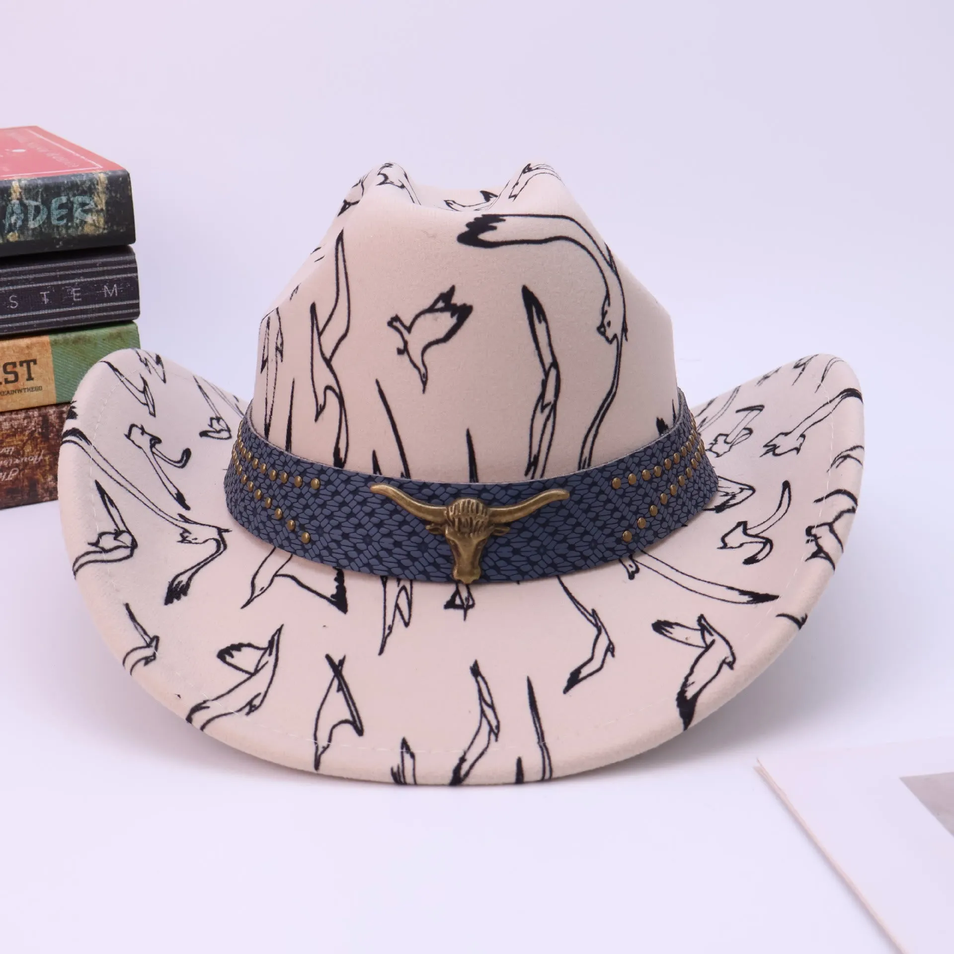 Men's Brass Bull Head Belt Bird Print Cowboy Hat sold by FloralTrip product image thumbnail 4