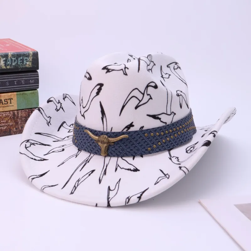 Men's Brass Bull Head Belt Bird Print Cowboy Hat sold by FloralTrip