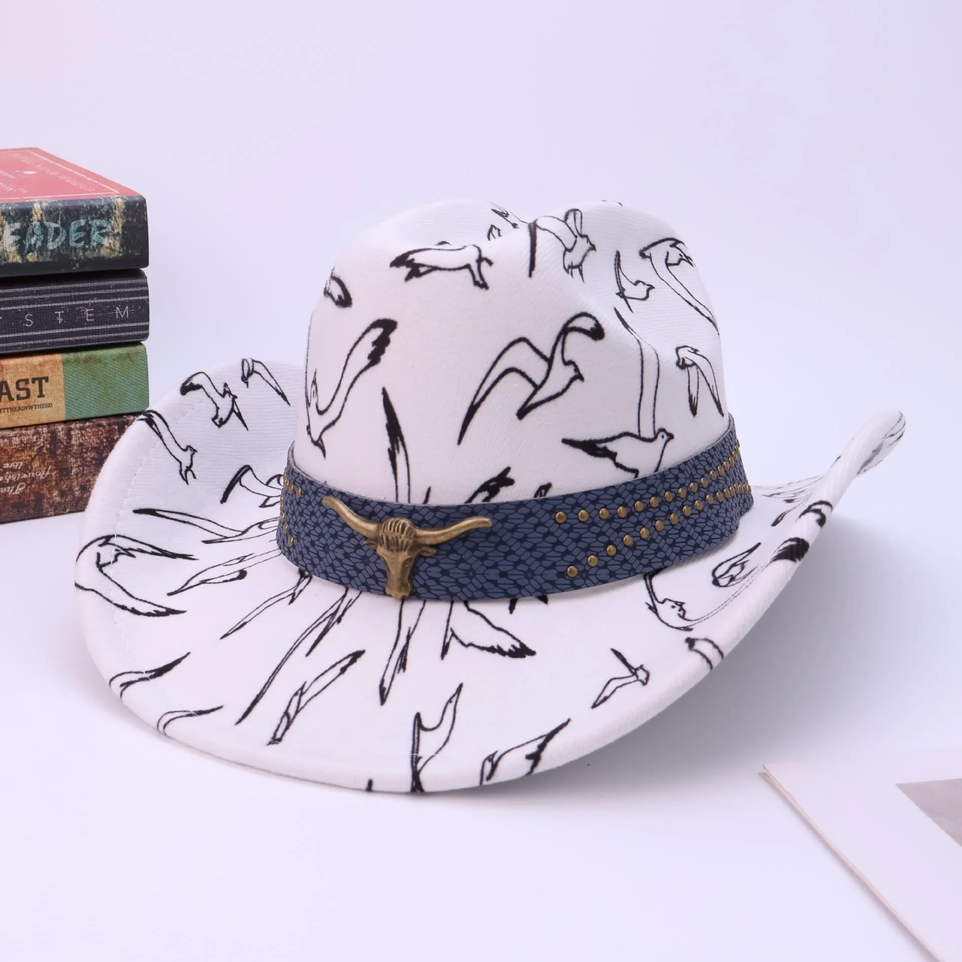 Men's Brass Bull Head Belt Bird Print Cowboy Hat sold by FloralTrip