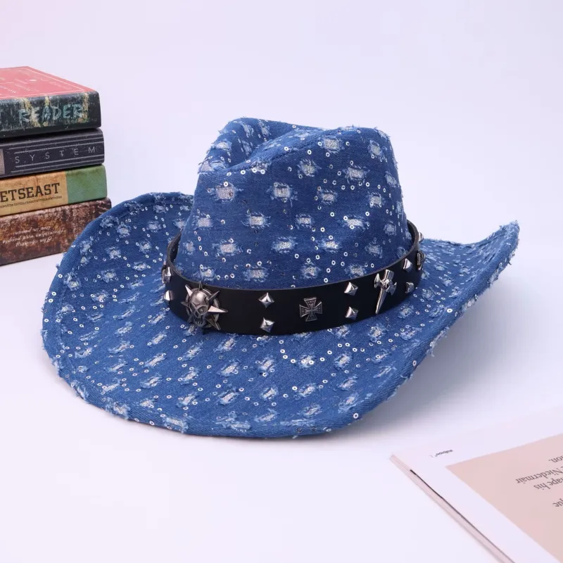 Men's Silver Skull Black Belt Ripped Cowboy Hat sold by FloralTrip