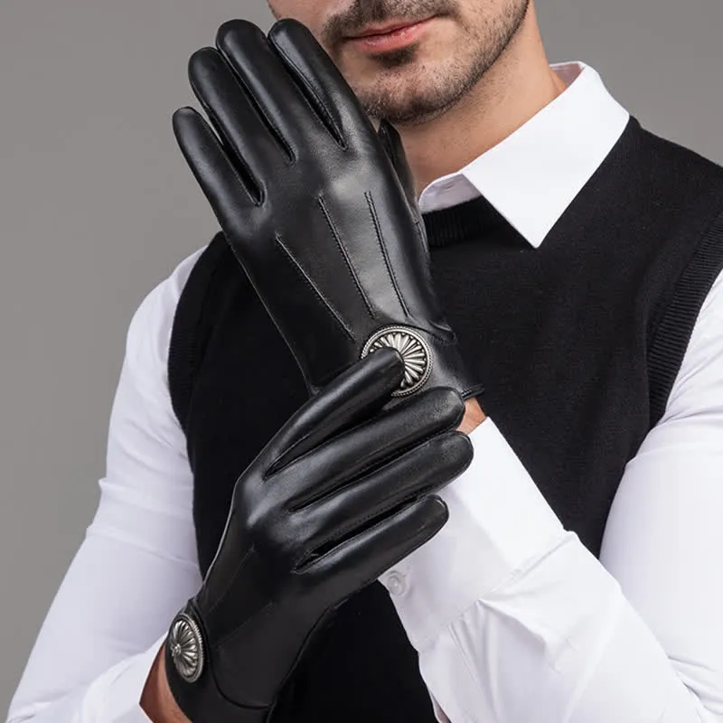 Men's Black Vintage Metal Emblem Genuine Leather Gloves sold by FloralTrip