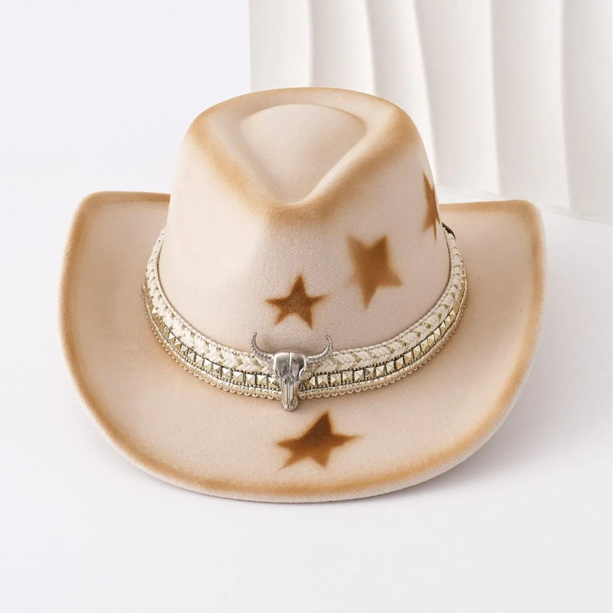 Men's Silver Bull Head Belt Stars Beige Cowboy Hat sold by FloralTrip product image thumbnail 2