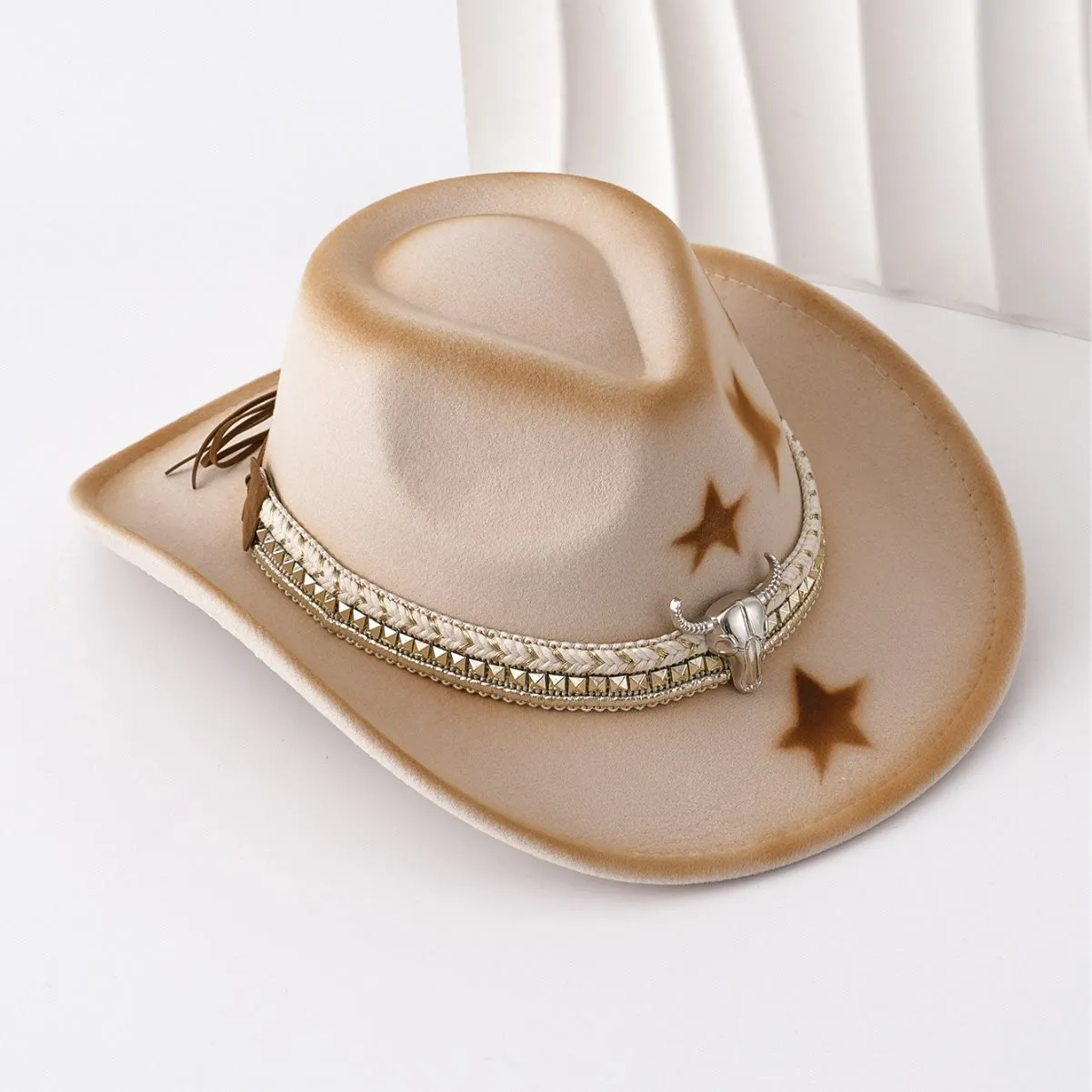 Men's Silver Bull Head Belt Stars Beige Cowboy Hat sold by FloralTrip product image thumbnail 3