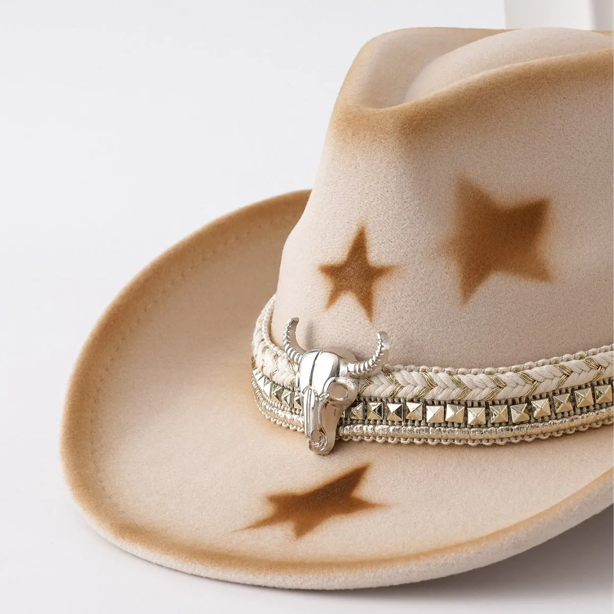 Men's Silver Bull Head Belt Stars Beige Cowboy Hat sold by FloralTrip product image thumbnail 4