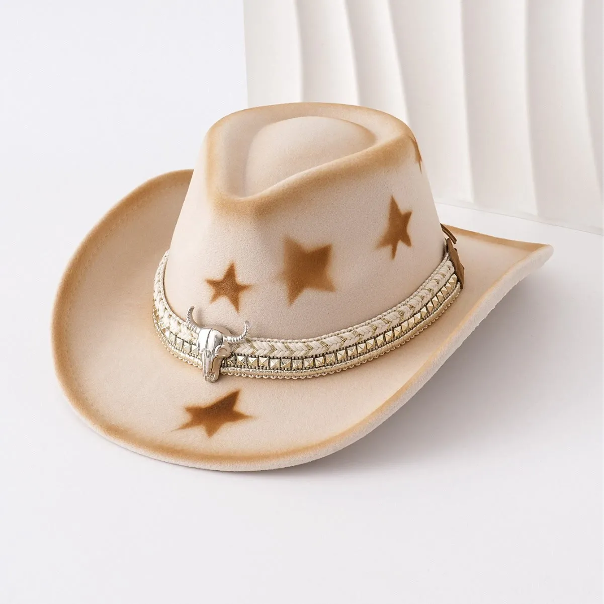 Men's Silver Bull Head Belt Stars Beige Cowboy Hat sold by FloralTrip