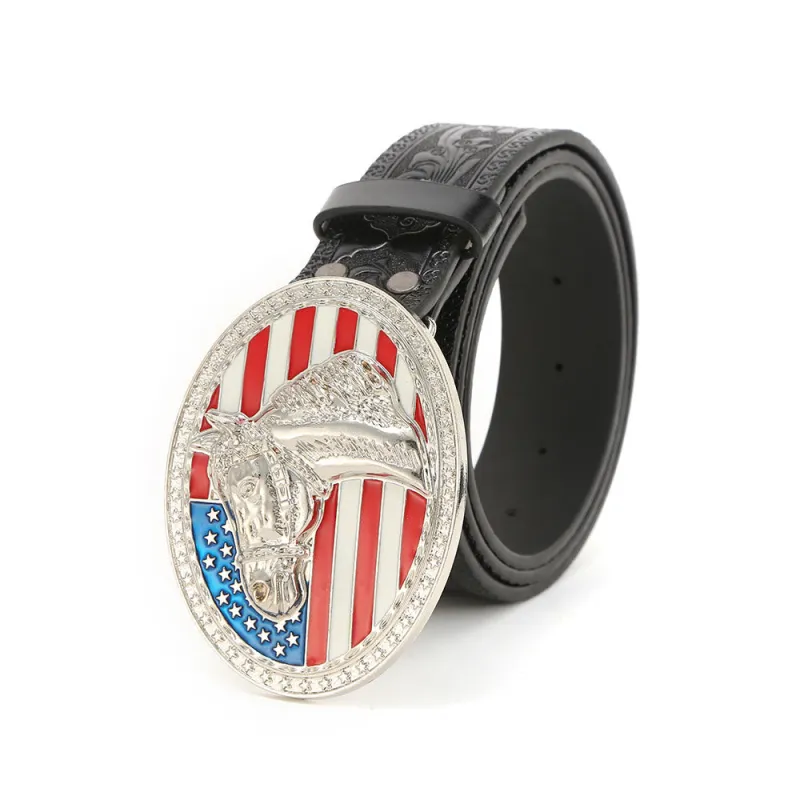 Men's Silver Horsehead Flag Buckle Black Embossed Belt sold by FloralTrip