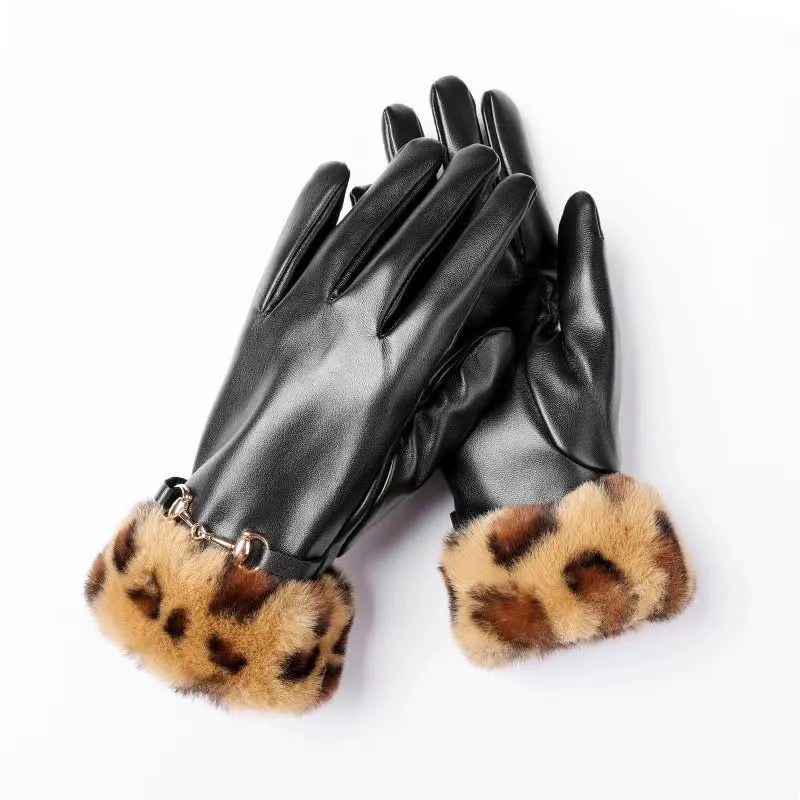 Women's Fur-Look Leopard Print Leather Gloves sold by FloralTrip product image thumbnail 2