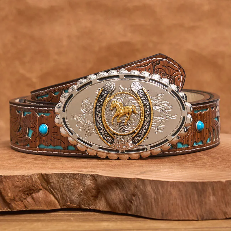 Men's Western Silver Carved Golden Horse Ellipse Buckle Leather Belt sold by FloralTrip product image thumbnail 4