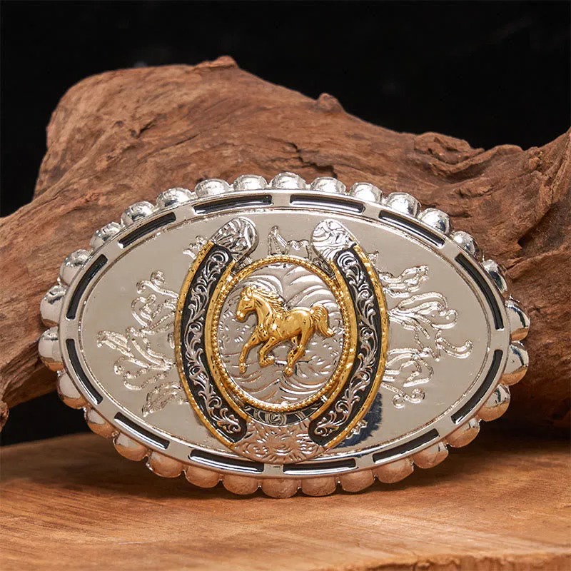Men's Western Silver Carved Golden Horse Ellipse Buckle Leather Belt sold by FloralTrip