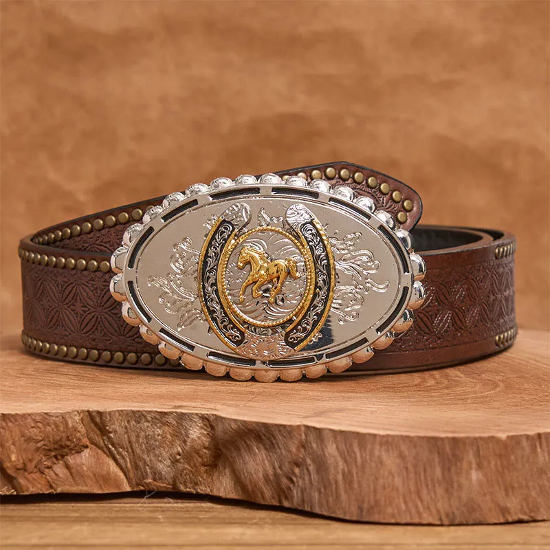 Men's Western Silver Carved Golden Horse Ellipse Buckle Leather Belt sold by FloralTrip product image thumbnail 5