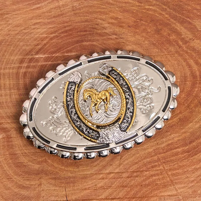 Men's Western Silver Carved Golden Horse Ellipse Buckle Leather Belt sold by FloralTrip product image thumbnail 2