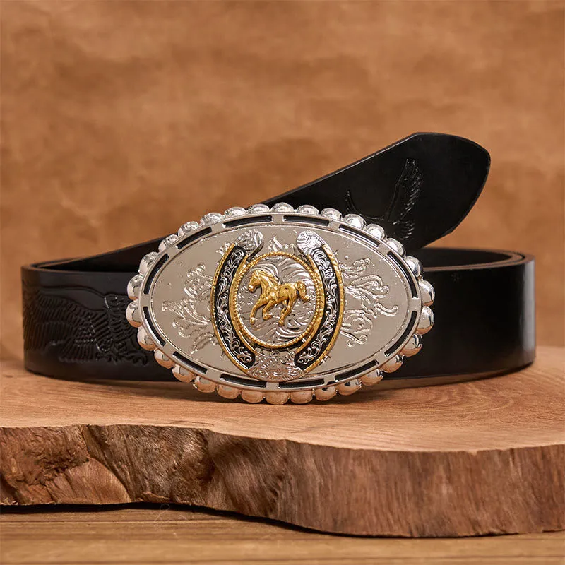 Men's Western Silver Carved Golden Horse Ellipse Buckle Leather Belt sold by FloralTrip product image thumbnail 3