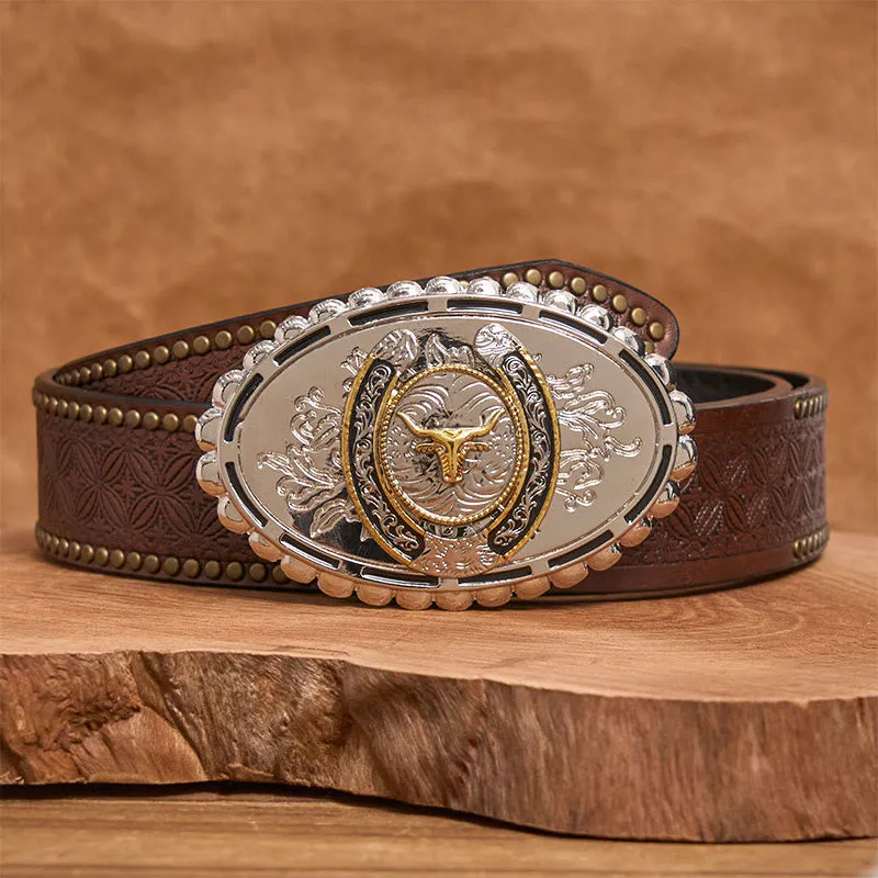 Men's Silver Carved Golden Bull Head Ellipse Buckle Leather Belt sold by FloralTrip product image thumbnail 5