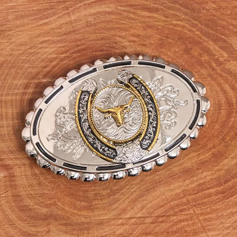 Men's Silver Carved Golden Bull Head Ellipse Buckle Leather Belt sold by FloralTrip product image thumbnail 2