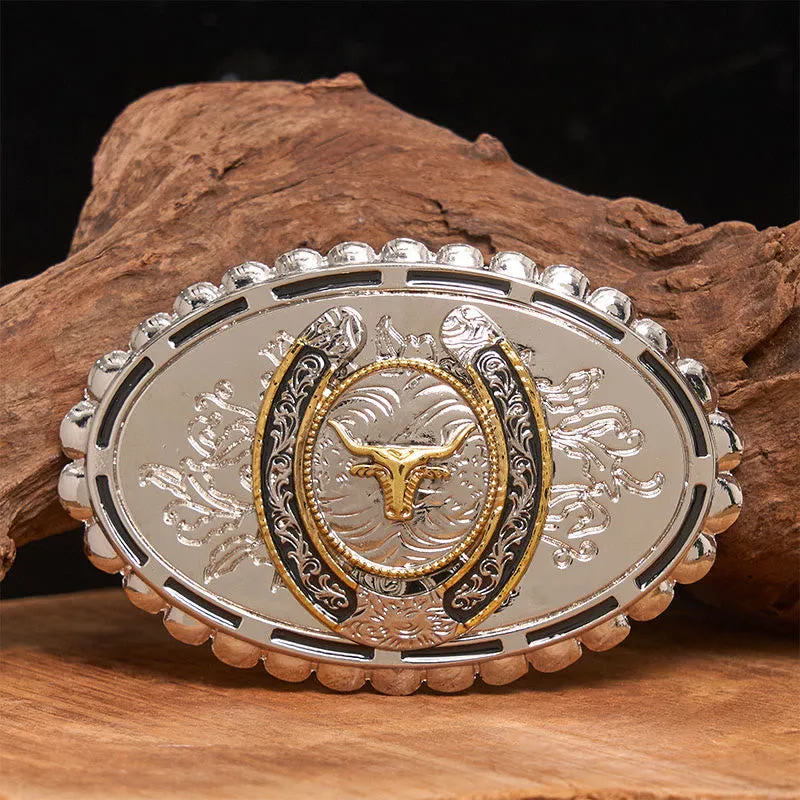 Men's Silver Carved Golden Bull Head Ellipse Buckle Leather Belt sold by FloralTrip