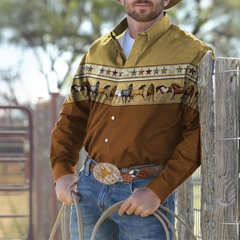 Men's Western 3D Print Horse Stars Long Sleeves Cowboy Shirt sold by FloralTrip
